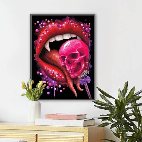 لوحة ماسية من سينبلاي، لوحة ماسية على شكل جمجمة وشفاه حمراء، طلاء ماسي دائري يمكنك طلاؤه بنفسك حسب مجموعات الارقام، هدايا تزيين حائط المنزل (12 × 16 انش) in Kuwait