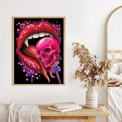 لوحة ماسية من سينبلاي، لوحة ماسية على شكل جمجمة وشفاه حمراء، طلاء ماسي دائري يمكنك طلاؤه بنفسك حسب مجموعات الارقام، هدايا تزيين حائط المنزل (12 × 16 انش) in Kuwait