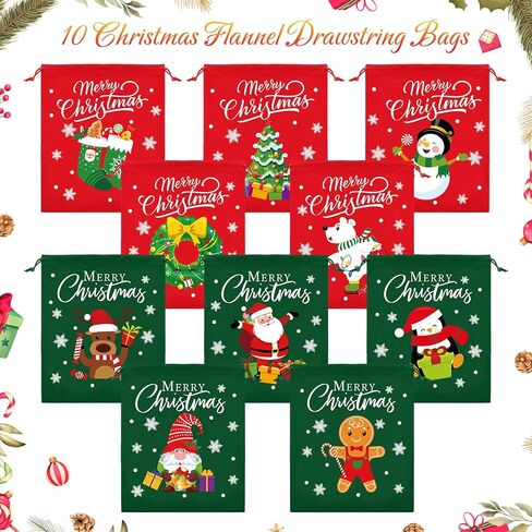 Abbylike 20 Pcs Christmas Flannel Drawstring Bags Bulk Santa Christmas Gift Bags Xmas Medium Size Candy Wrapping Bags for Treat Holiday Party Favors, 7.87 x 9.84 Inch in Saudi Arabia