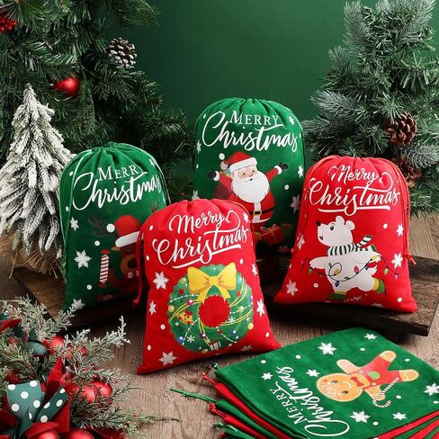 Abbylike 20 Pcs Christmas Flannel Drawstring Bags Bulk Santa Christmas Gift Bags Xmas Medium Size Candy Wrapping Bags for Treat Holiday Party Favors, 7.87 x 9.84 Inch in Saudi Arabia