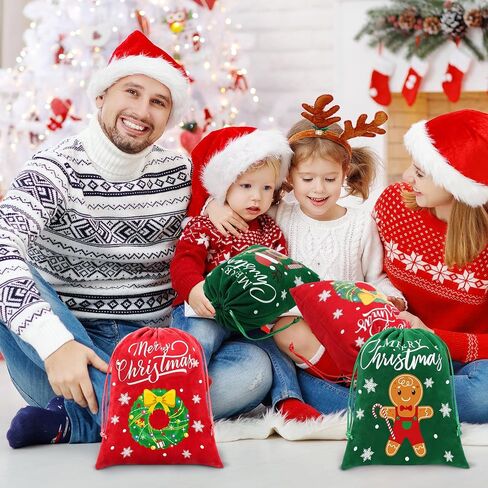 Abbylike 20 Pcs Christmas Flannel Drawstring Bags Bulk Santa Christmas Gift Bags Xmas Medium Size Candy Wrapping Bags for Treat Holiday Party Favors, 7.87 x 9.84 Inch in Saudi Arabia