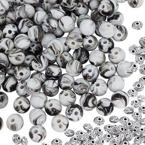 MIIIM 500pcs Acrylic Ink Pattern Beads, 8mm Acrylic Rosary Beads with 50pcs Antique Silver Spacer Beads, Purple Marble Swirls Beads for Jewelry Making