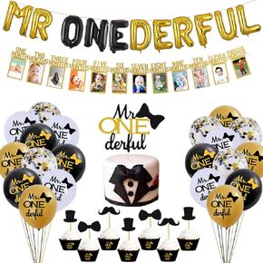 مجموعة ديكورات عيد الميلاد الأول من مستر واندرفول - زينة كعكة كعكة الكب كيك الرائعة ، بالونات وانيدريفول ، لافتة صور عيد الميلاد الأول لرجل صغير / ربطة عنق لعيد الميلاد الأول ولد حفل استقبال المولود in Kuwait