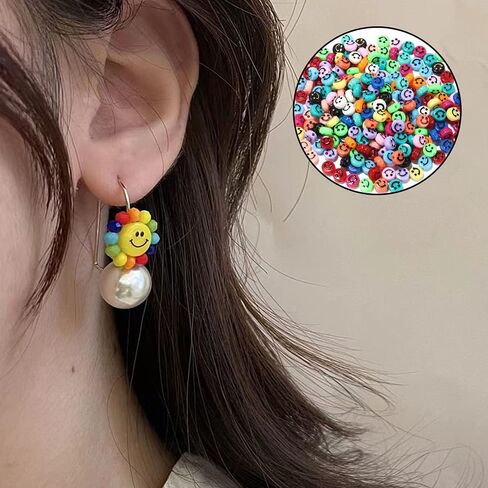 200 Pcs Smiley Face Beads Acrylic Smiley Beads Charms Jewellery Making Kit for Jewellery Beading Making Art Craft Weaving DIY Bacelets in Kuwait