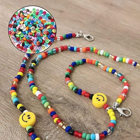 200 Pcs Smiley Face Beads Acrylic Smiley Beads Charms Jewellery Making Kit for Jewellery Beading Making Art Craft Weaving DIY Bacelets in Kuwait