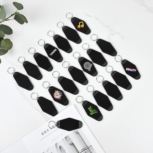 24 قطعة من سلاسل مفاتيح موتيل من اول ريال، علامات مفاتيح فندقية، ملصقات مفاتيح فارغة بالتسامي، زخرفة معلقة من الفينيل لنقل الحرارة بالليزر للحرف اليدوية اليدوية والقلادات وهدايا الكريسماس، اسود، 3.5 in Kuwait