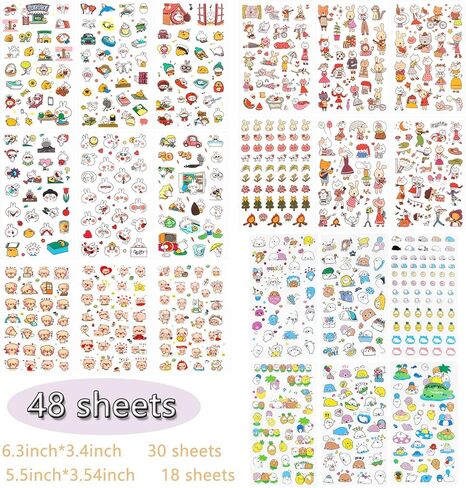 48 Sheets Kawaii stickers Cute Transparent Sticker Small Cartoon Girls Rabbit Cat Bear Pig Dolphin Pet Animal Waterproof Mini Stickers for Scrapbooking Planner Journaling DIY Arts Crafts Album Water Bottles Phone Cases(A) in Kuwait