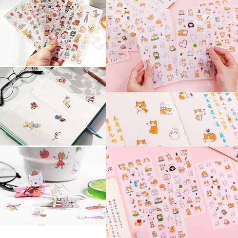 48 Sheets Kawaii stickers Cute Transparent Sticker Small Cartoon Girls Rabbit Cat Bear Pig Dolphin Pet Animal Waterproof Mini Stickers for Scrapbooking Planner Journaling DIY Arts Crafts Album Water Bottles Phone Cases(A) in Kuwait