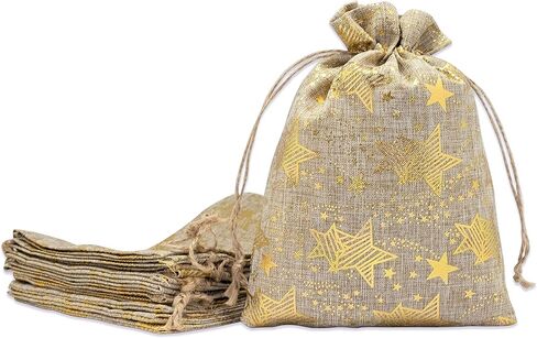 12-pack 8x10 Jute Burlap Canvas Gift Bags w/Drawstring (Golden Stars, Large) - for Presents, Party Favors, Retail, Samples by TheDisplayGuys in Kuwait