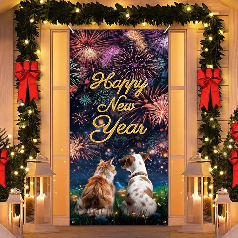 Happy New Year Door Banner Cover, 2024 New Year Eve Door Decorations Banner Dog and Cat Watching Fireworks Door Cover Porch Banner for Pets Puppy Lover New Year Holiday Party Front Door Decor Supplies in Saudi Arabia