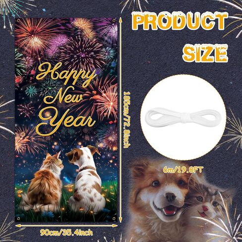 Happy New Year Door Banner Cover, 2024 New Year Eve Door Decorations Banner Dog and Cat Watching Fireworks Door Cover Porch Banner for Pets Puppy Lover New Year Holiday Party Front Door Decor Supplies in Saudi Arabia