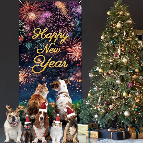 Happy New Year Door Banner Cover, 2024 New Year Eve Door Decorations Banner Dog and Cat Watching Fireworks Door Cover Porch Banner for Pets Puppy Lover New Year Holiday Party Front Door Decor Supplies in Saudi Arabia
