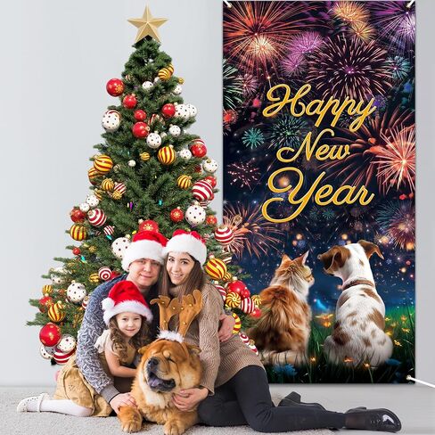 Happy New Year Door Banner Cover, 2024 New Year Eve Door Decorations Banner Dog and Cat Watching Fireworks Door Cover Porch Banner for Pets Puppy Lover New Year Holiday Party Front Door Decor Supplies in Saudi Arabia