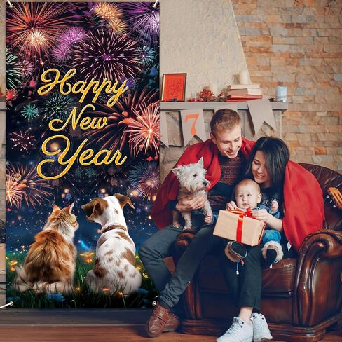 Happy New Year Door Banner Cover, 2024 New Year Eve Door Decorations Banner Dog and Cat Watching Fireworks Door Cover Porch Banner for Pets Puppy Lover New Year Holiday Party Front Door Decor Supplies in Saudi Arabia