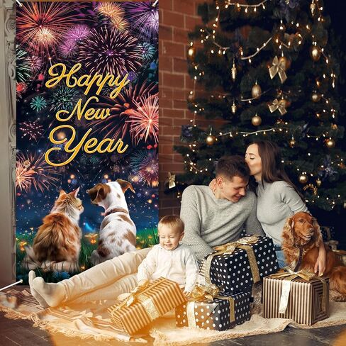 Happy New Year Door Banner Cover, 2024 New Year Eve Door Decorations Banner Dog and Cat Watching Fireworks Door Cover Porch Banner for Pets Puppy Lover New Year Holiday Party Front Door Decor Supplies in Saudi Arabia