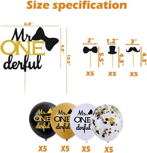 مجموعة ديكورات عيد الميلاد الأول من مستر واندرفول - زينة كعكة كعكة الكب كيك الرائعة ، بالونات وانيدريفول ، لافتة صور عيد الميلاد الأول لرجل صغير / ربطة عنق لعيد الميلاد الأول ولد حفل استقبال المولود in Kuwait