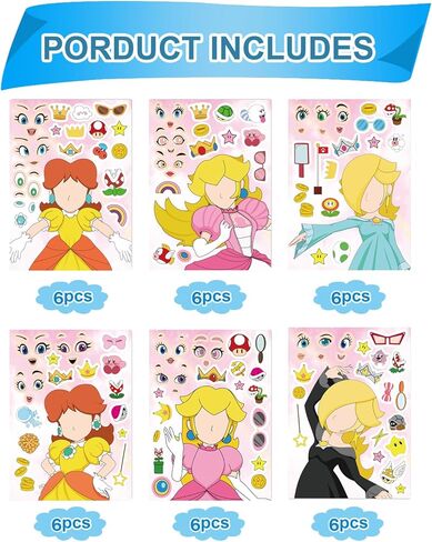 36 PCS Princess Peach Party Supplies Princess Peach Party Favors Make Your Own Cartoon Princess Stickers Sheets for Princess Peach Birthday Party Supplies. in Kuwait