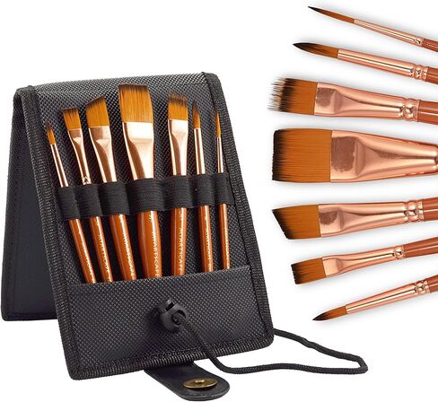 مجموعة فرش طلاء - 7 فرش سفر للرسم الاكريليك والزيت والالوان المائية والجواش والبلين اير - مقبض قصير للغاية - حقيبة حمل فنية احترافية - لوازم فنية من ماي ارت سكيب (اسود) in Kuwait