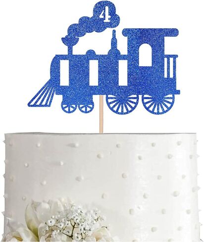 Blue Train 4th Birthday Cake Topper, Blue Glitter Boy Girl 4 Years Birthday Party Decoration in Saudi Arabia