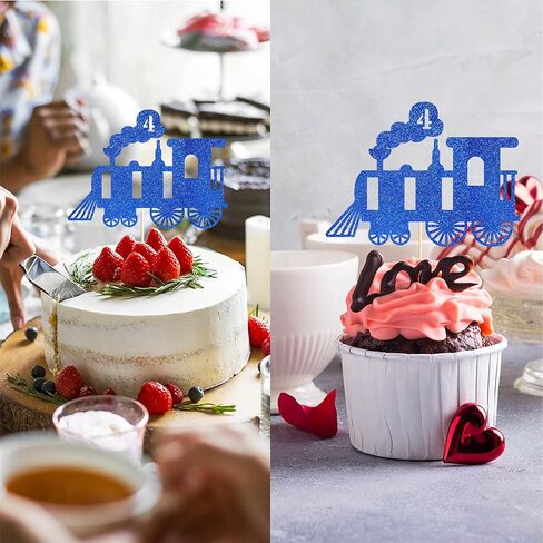 Blue Train 4th Birthday Cake Topper, Blue Glitter Boy Girl 4 Years Birthday Party Decoration in Saudi Arabia