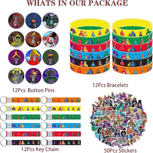 86 قطعة من لوازم حفلات اعياد الميلاد من غوريلا، زينة عيد ميلاد لعبة الواقع الافتراضي، هدايا حفلات الغوريلا تتضمن 12 سوار، 12 دبوس زر، 12 سلسلة مفاتيح، 50 ستيكر لاصق لحفلات اعياد الميلاد للاولاد in Kuwait