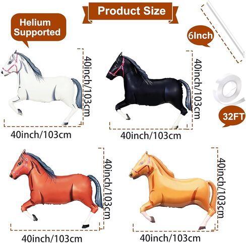 8 Pieces 30 Inches Horse Balloons, 4 Styles Large Foil Mylar Horse-Shaped Mustang Balloon for Rodeo Cowboy Wild West Derby Day Equestrian Decorations Horse Racing Riding School Events Party Supplies in Kuwait