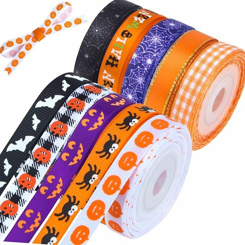 3/8" Halloween Ribbon for Gift Wrapping (10rolls, 50yds), Orange Ribbons for Crafts Wreaths with Spider Web Pumpkin Bat, Ribbon for Hair Bows Halloween Party Home Decor in Kuwait