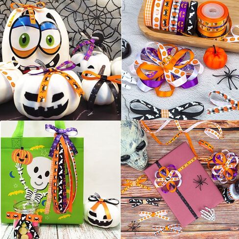 3/8" Halloween Ribbon for Gift Wrapping (10rolls, 50yds), Orange Ribbons for Crafts Wreaths with Spider Web Pumpkin Bat, Ribbon for Hair Bows Halloween Party Home Decor in Kuwait