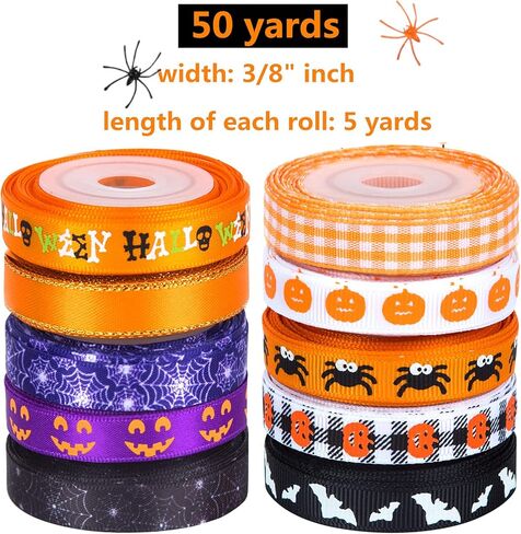 3/8" Halloween Ribbon for Gift Wrapping (10rolls, 50yds), Orange Ribbons for Crafts Wreaths with Spider Web Pumpkin Bat, Ribbon for Hair Bows Halloween Party Home Decor in Kuwait