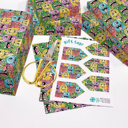 CENTRAL 23 Boys Birthday Wrapping Paper - 6 Sheets of Gift Wrap and Tags - Silly Monster Characters - Gift Wrap Paper for Girls - Kids Wrapping Paper - Eco-friendly Gifts for Adult - with Stickers in Saudi Arabia