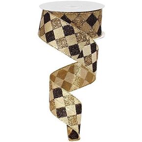 Craig Bachman 1.5" Glitter Diamond Check Ribbon: 10 Yards (Gold, Black, 1.5") Floral Arrangement Gift Wrapping Sports Mardi Gras Wired Ribbon in Saudi Arabia