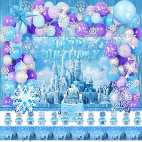 166 قطعة من لوازم حفلات أعياد الميلاد الثلجية، ديكورات حفلات بطابع ندفة الثلج الشتوية للفتيات الصغيرات - خلفية، كعكة، وأغطية كب كيك، بالونات، أغلفة كب كيك، ندفة الثلج، ستارة مهدبة، مفرش طاولة in Kuwait