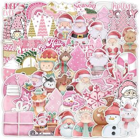 Christmas Stickers 100Pcs Cute Pink Series Christmas Vinyl Stickers Santas Deer Holiday Stickers for Kids Adults Funny Laptop Stickers for Skateboard, Water Bottles, Cars, Bumper, Scrapbook (A)