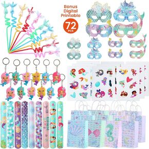 72 Pcs Mermaid Party Favors For Girl, 12 Set Princess Wristband Keychain Mask Straw Stickers Gift Bags for Kids Little Mermaid Theme Birthday Party Supplies in Kuwait