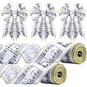 20 Yards Music Note Wired Ribbon Jingle Bells Ribbons Metallic Glitter Fabric Ribbons Music Decorative Ribbon for Christmas Tree Decor Winter Holiday Garland Wrapping Bow Wreath DIY, 2.5 Inch in Saudi Arabia