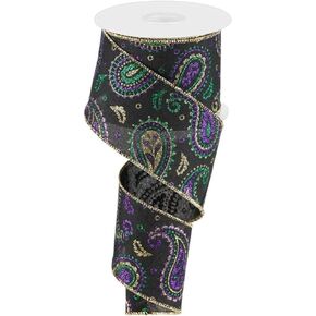 Paisley Wired Edge Ribbon - 10 Yards (1.5 Inch, Black, Gold, Purple, Emerald)