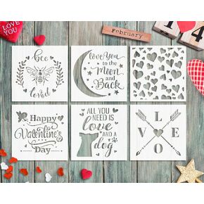 مجموعة استنسلات عيد الحب من جي إس ديزاينز، مجموعة من 6 قطع تزيين عيد الحب 15.24 سم × 15.24 سم لصنع بطاقات البسكويت - نوع نحلة وقمر الحب والقمر والقلوب والأسهم المتقاطعة والحب (SL-078) in Kuwait