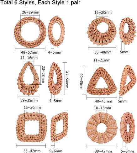 PH PandaHall 12pcs Rattan Woven Reed Cane Charms Connector Pendants Linking Rings Geometric Round Oval Bohemian Circle for Straw Wicker Braid Earrings Jewelry Making in Saudi Arabia