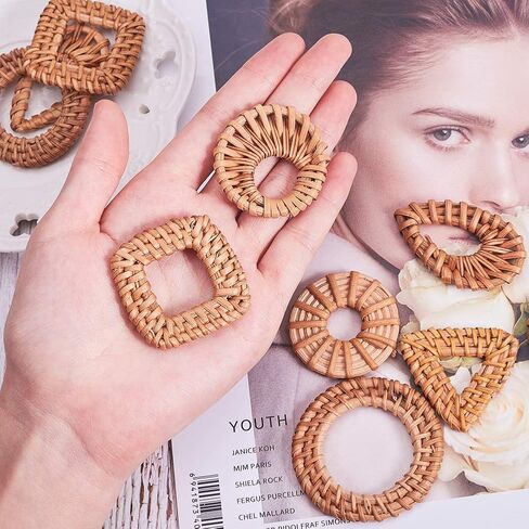 PH PandaHall 12pcs Rattan Woven Reed Cane Charms Connector Pendants Linking Rings Geometric Round Oval Bohemian Circle for Straw Wicker Braid Earrings Jewelry Making in Saudi Arabia