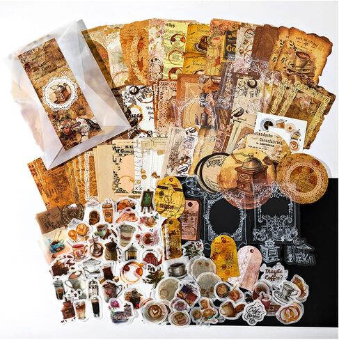 Vilikya Vintage Scrapbook Accessories(200 Pieces), Scrapbooking Supplies Kit for Adults, Aesthetic Stickers for Journaling, Bullet Journals, Collage Album (Coffee Diary) in Kuwait