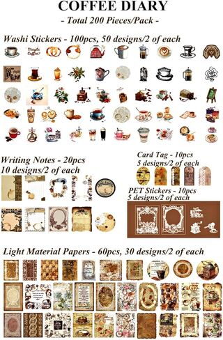 Vilikya Vintage Scrapbook Accessories(200 Pieces), Scrapbooking Supplies Kit for Adults, Aesthetic Stickers for Journaling, Bullet Journals, Collage Album (Coffee Diary) in Kuwait