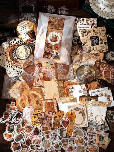 Vilikya Vintage Scrapbook Accessories(200 Pieces), Scrapbooking Supplies Kit for Adults, Aesthetic Stickers for Journaling, Bullet Journals, Collage Album (Coffee Diary) in Kuwait