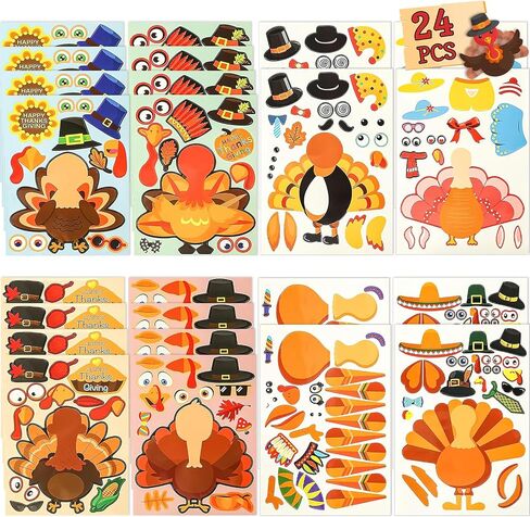 24 قطعة من ملصقات الديك الرومي DIY من LOVESTOWN، ملصقات Make-A-Turkey لعيد الشكر والحرف اليدوية للأطفال، مستلزمات ألعاب عيد الشكر لديكور نافذة الحفلات بموضوع الخريف in Saudi Arabia