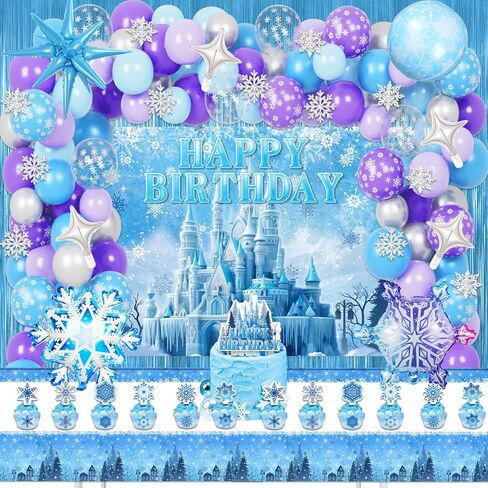 166 قطعة من لوازم حفلات أعياد الميلاد الثلجية، ديكورات حفلات بطابع ندفة الثلج الشتوية للفتيات الصغيرات - خلفية، كعكة، وأغطية كب كيك، بالونات، أغلفة كب كيك، ندفة الثلج، ستارة مهدبة، مفرش طاولة in Kuwait