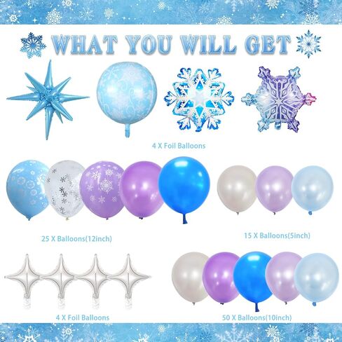 166 قطعة من لوازم حفلات أعياد الميلاد الثلجية، ديكورات حفلات بطابع ندفة الثلج الشتوية للفتيات الصغيرات - خلفية، كعكة، وأغطية كب كيك، بالونات، أغلفة كب كيك، ندفة الثلج، ستارة مهدبة، مفرش طاولة in Kuwait
