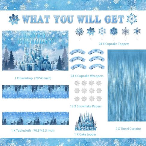 166 قطعة من لوازم حفلات أعياد الميلاد الثلجية، ديكورات حفلات بطابع ندفة الثلج الشتوية للفتيات الصغيرات - خلفية، كعكة، وأغطية كب كيك، بالونات، أغلفة كب كيك، ندفة الثلج، ستارة مهدبة، مفرش طاولة in Kuwait
