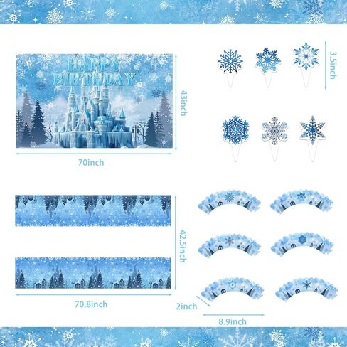 166 قطعة من لوازم حفلات أعياد الميلاد الثلجية، ديكورات حفلات بطابع ندفة الثلج الشتوية للفتيات الصغيرات - خلفية، كعكة، وأغطية كب كيك، بالونات، أغلفة كب كيك، ندفة الثلج، ستارة مهدبة، مفرش طاولة in Kuwait