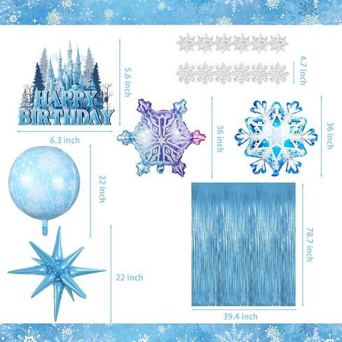 166 قطعة من لوازم حفلات أعياد الميلاد الثلجية، ديكورات حفلات بطابع ندفة الثلج الشتوية للفتيات الصغيرات - خلفية، كعكة، وأغطية كب كيك، بالونات، أغلفة كب كيك، ندفة الثلج، ستارة مهدبة، مفرش طاولة in Kuwait