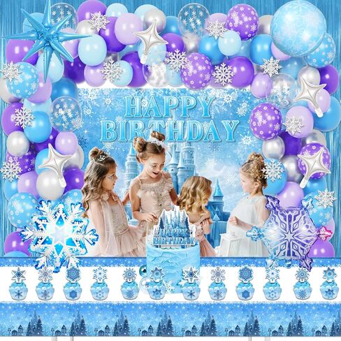 166 قطعة من لوازم حفلات أعياد الميلاد الثلجية، ديكورات حفلات بطابع ندفة الثلج الشتوية للفتيات الصغيرات - خلفية، كعكة، وأغطية كب كيك، بالونات، أغلفة كب كيك، ندفة الثلج، ستارة مهدبة، مفرش طاولة in Kuwait