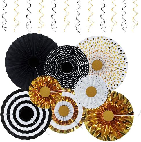 زينة حفلات أعياد الميلاد الممتازة، لوازم حفلات KIMHY مع أكواب مروحة ورقية ذهبية، سوداء، دوامات معلقة ذهبية لحفلات أعياد الميلاد، وحفلات التخرج in Kuwait